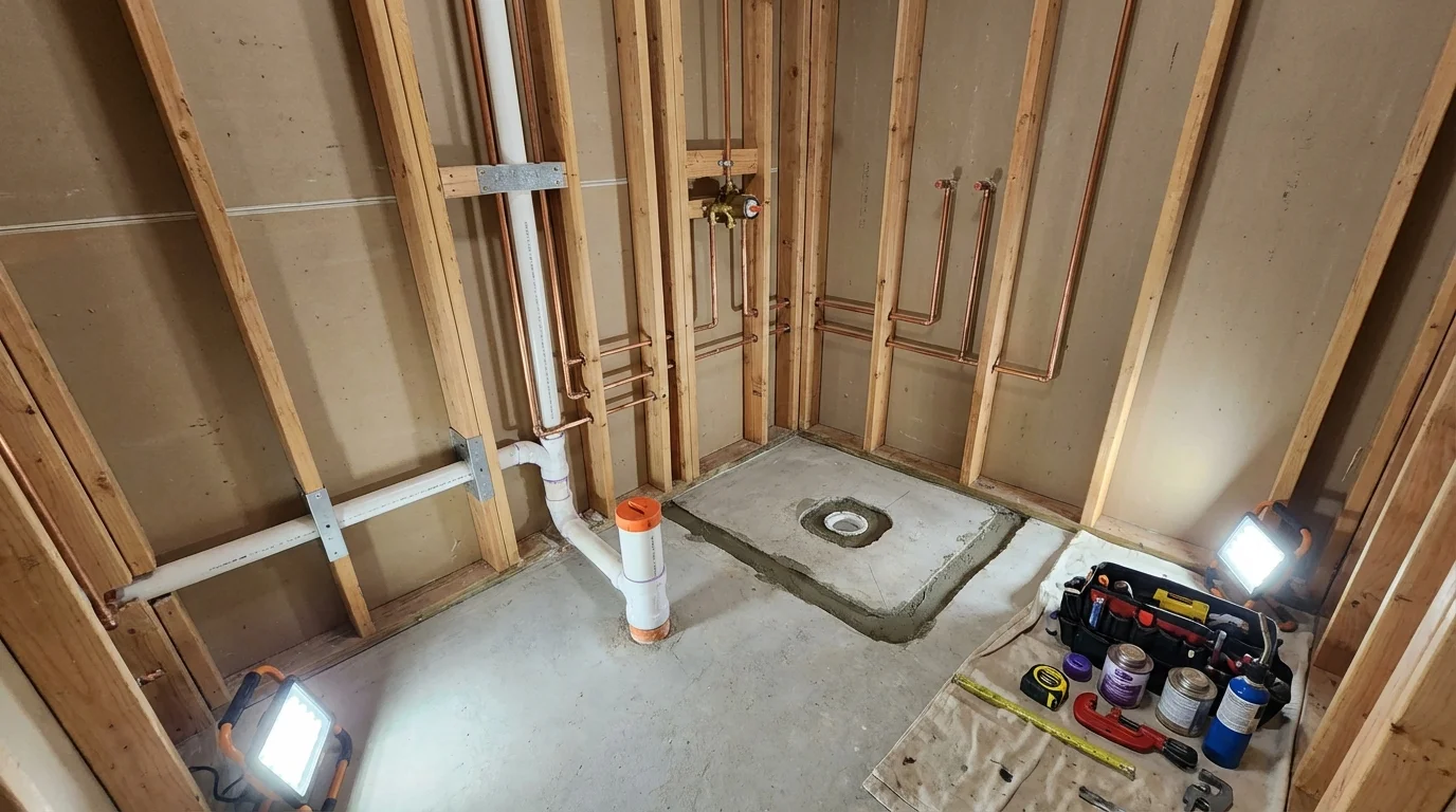 Bathroom rough-in plumbing during remodel by Johns Plumbing LLC in Shamrock