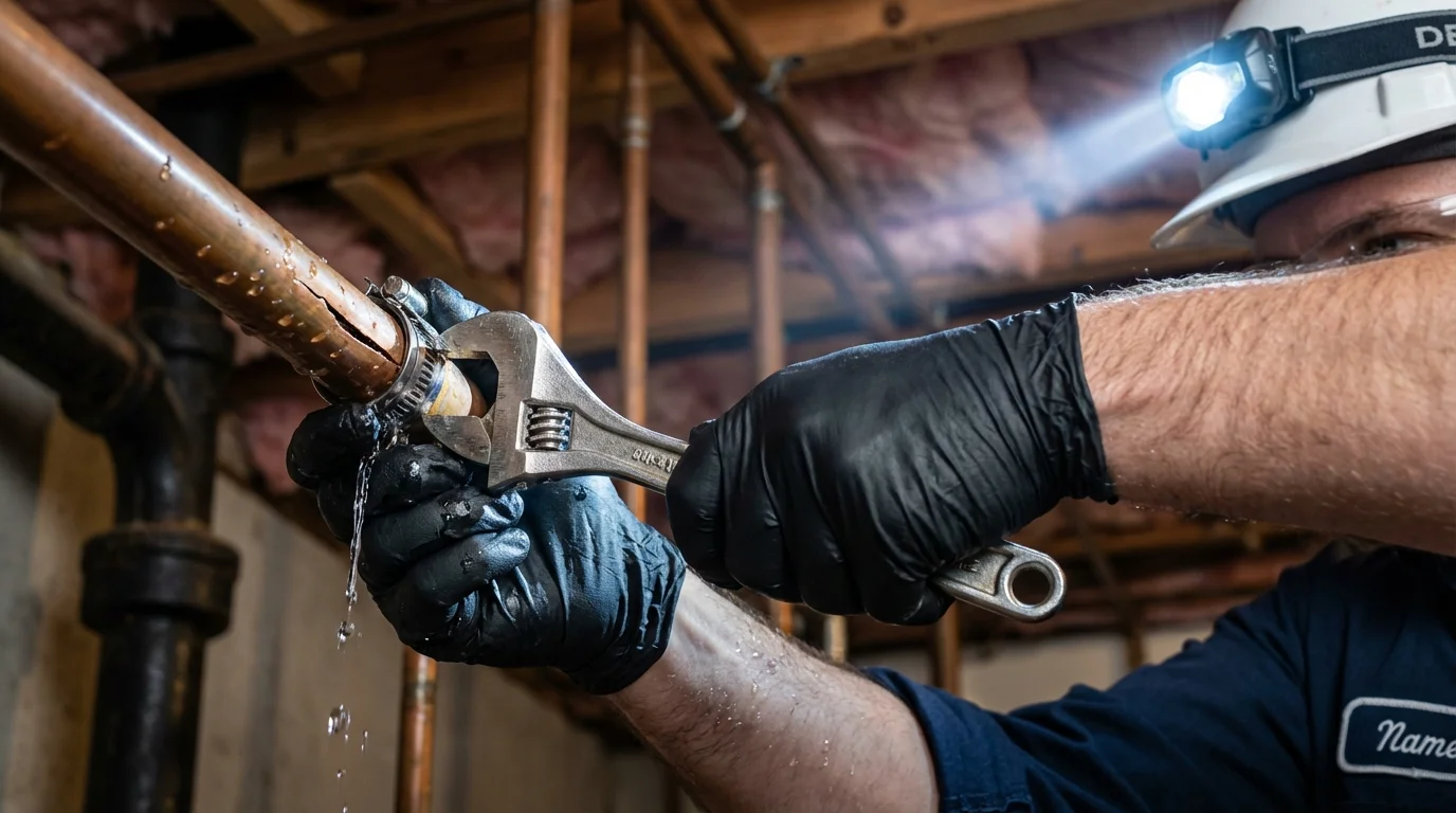 Emergency pipe clamp repair being performed by a Johns Plumbing LLC plumber in Shamrock