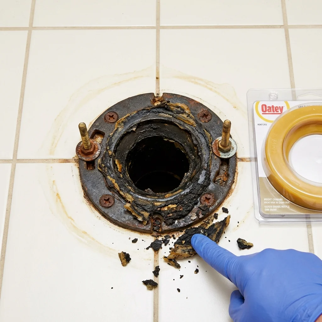 Failed wax ring showing water seepage at the base of a toilet in a Shamrock, TX home