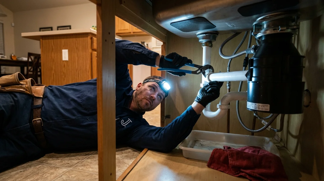 P-trap and supply line connections under a kitchen sink showing a common leak point in Shamrock, TX